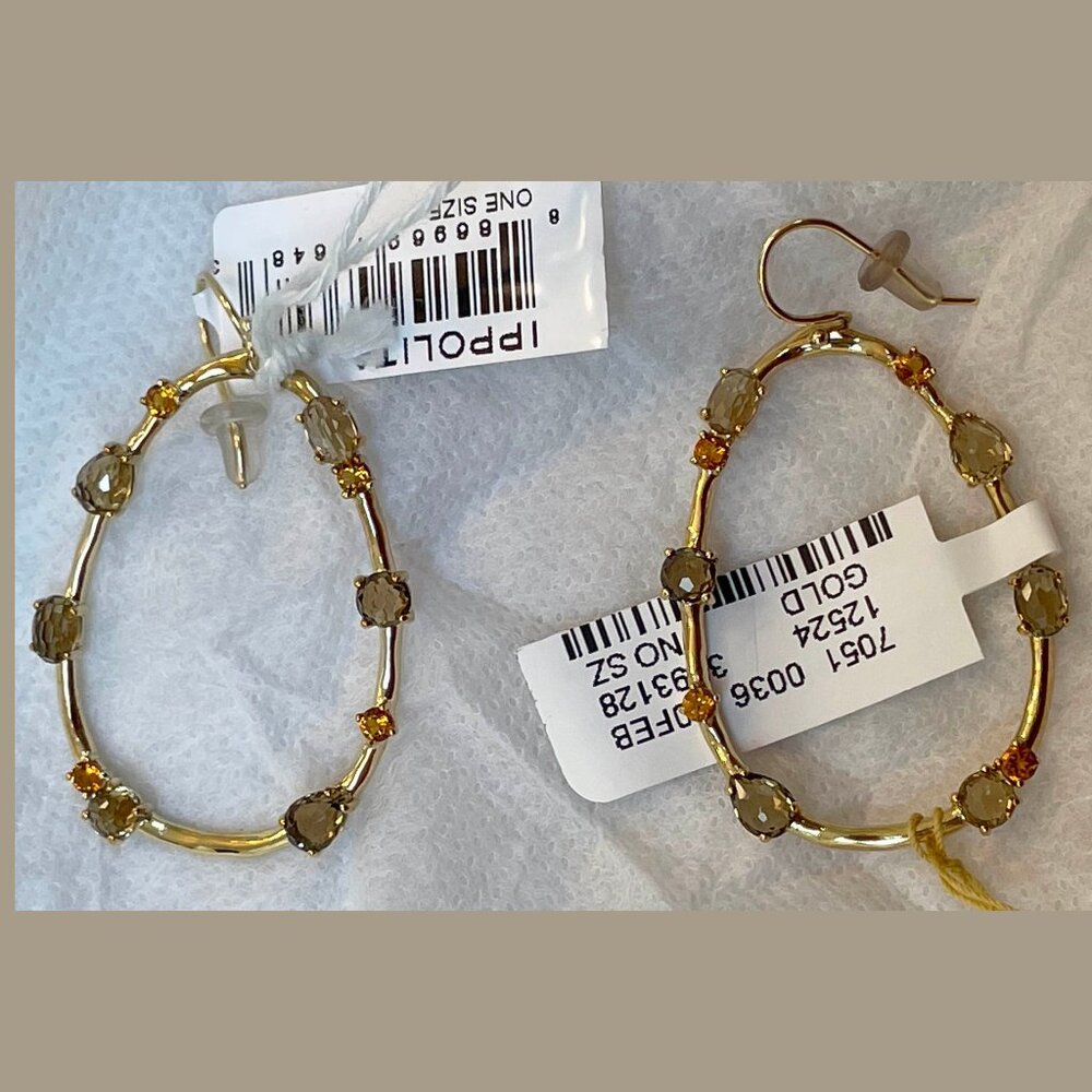 NWT Ippolita Rock Candy Citrine Smoky Quartz 18K Gold  Large Teardrop Earrings